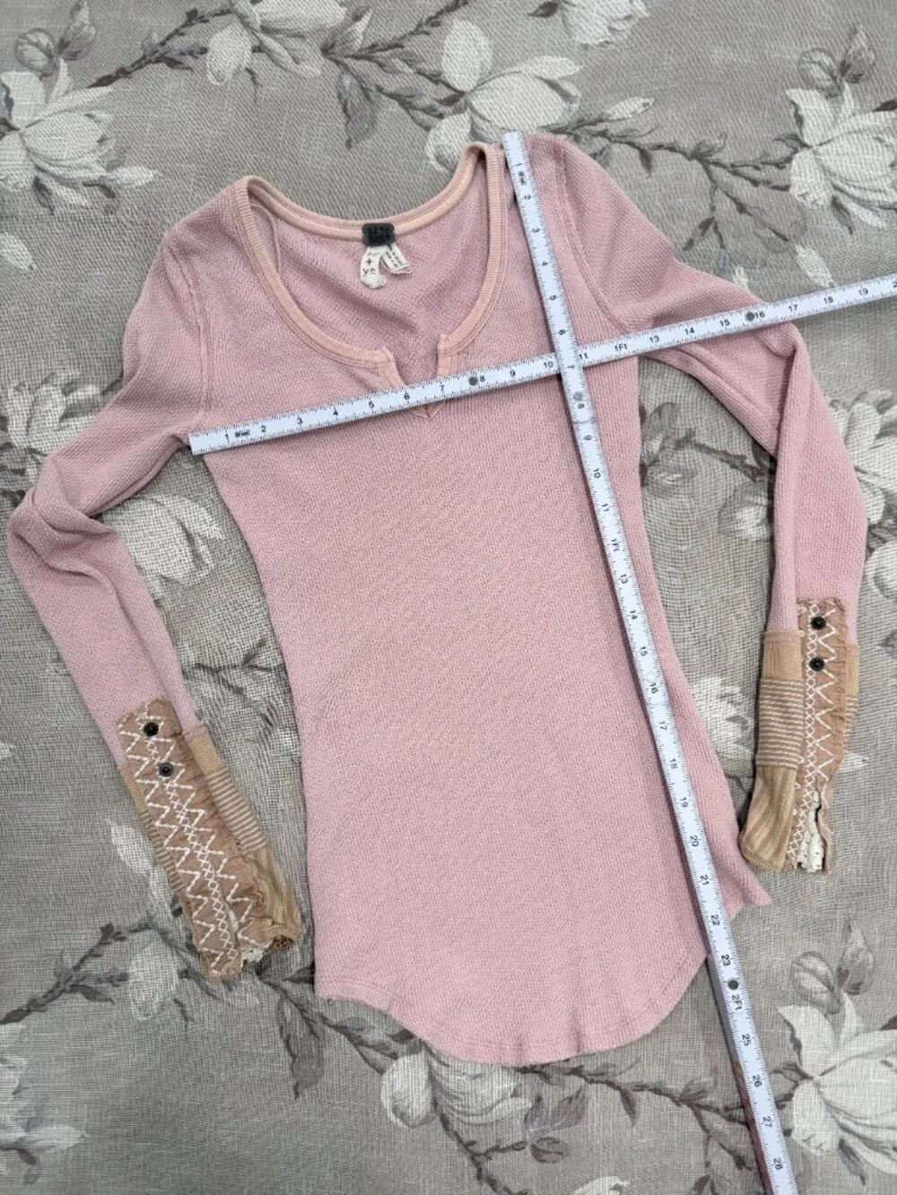 Free People We The Free Blush Pink Thermal Top Embroidered Mixed Media Cuffs XS